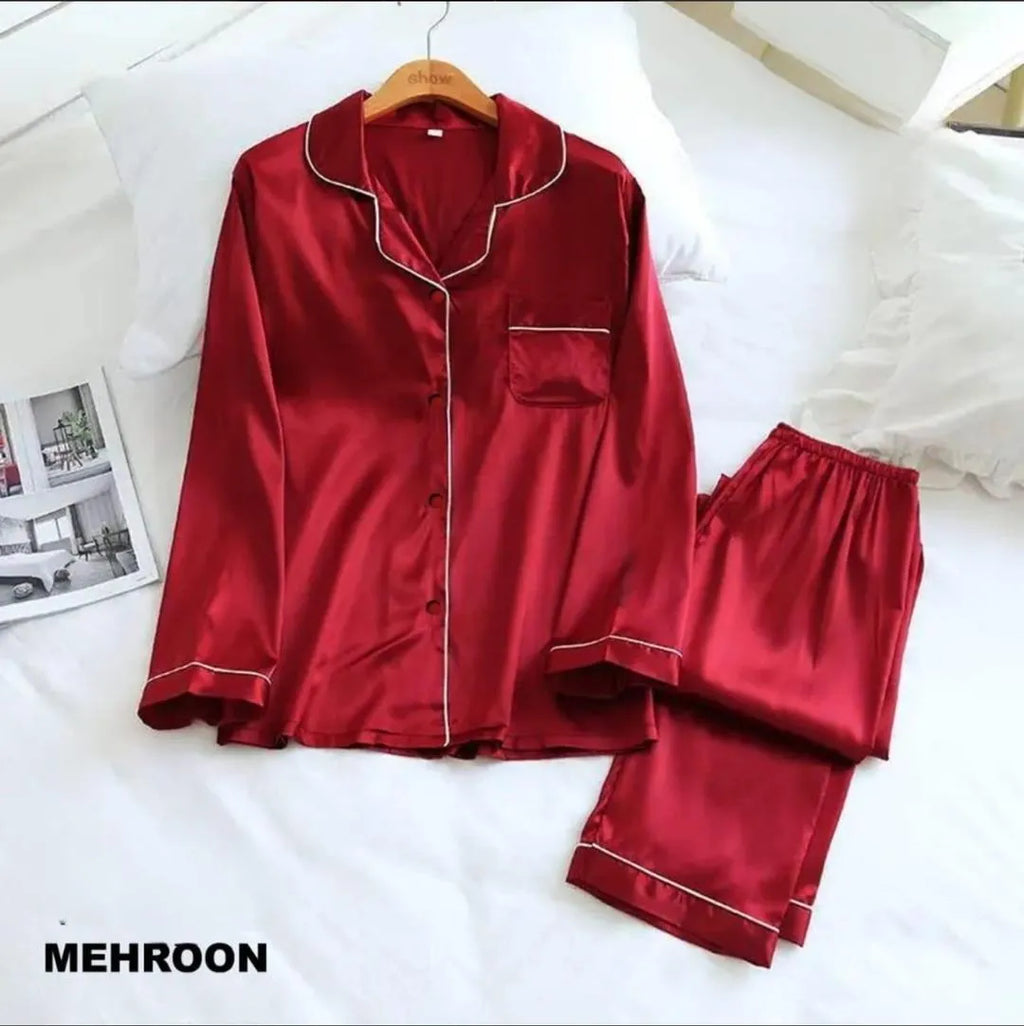 Red satin pajama set on a white surface with 'Mehroon' branding.