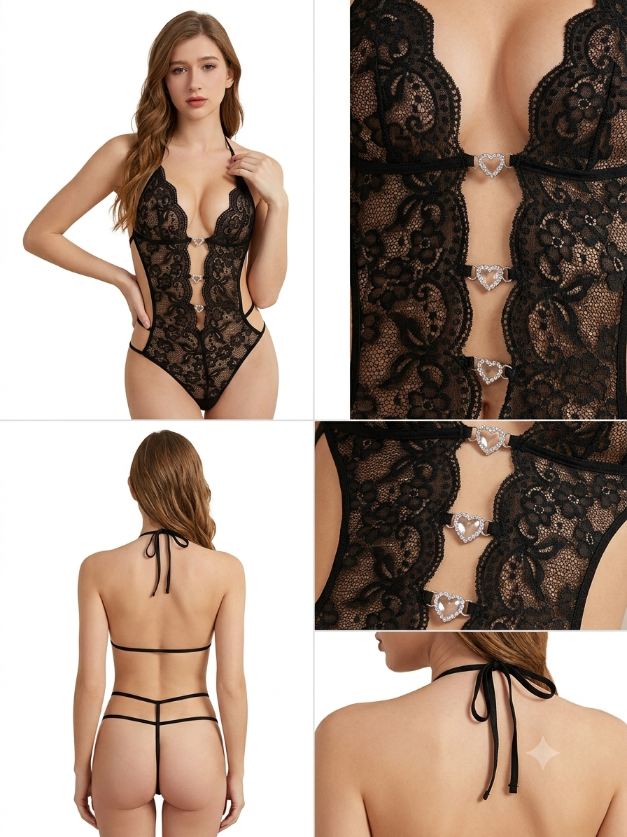 A four-panel collage showing a black lace lingerie bodysuit on a model, including front, back, and close-up views. The bodysuit features floral lace, a deep plunging front cutout with heart-shaped embellishments, and thin tie-back straps.