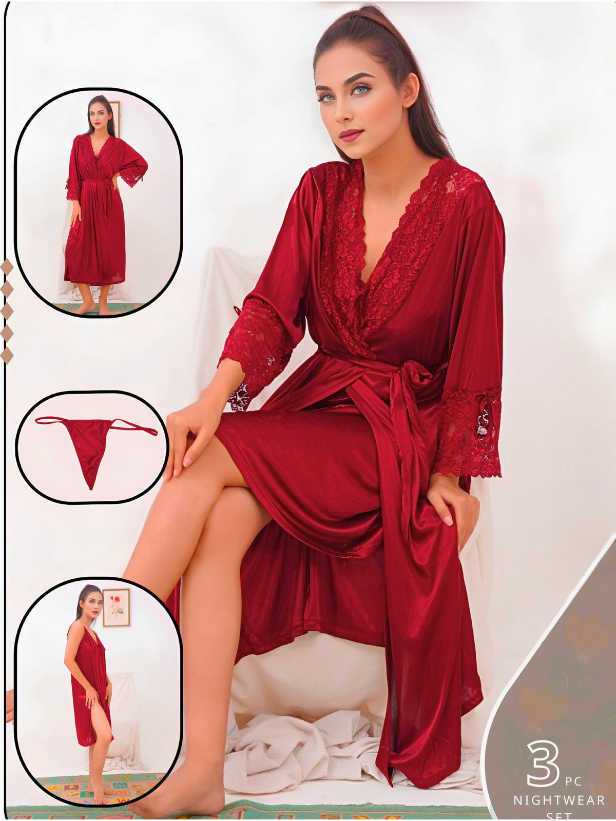 The SilkyNights Luxury 3-Piece Satin Robe & Slip Set