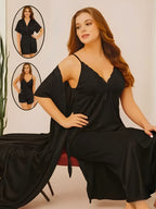 A woman models a black two-piece loungewear set consisting of a camisole top and matching wide-leg pants, with a draped open-front cardigan-style layer. Two oval inset images on the left show the matching black romper from the front and back.