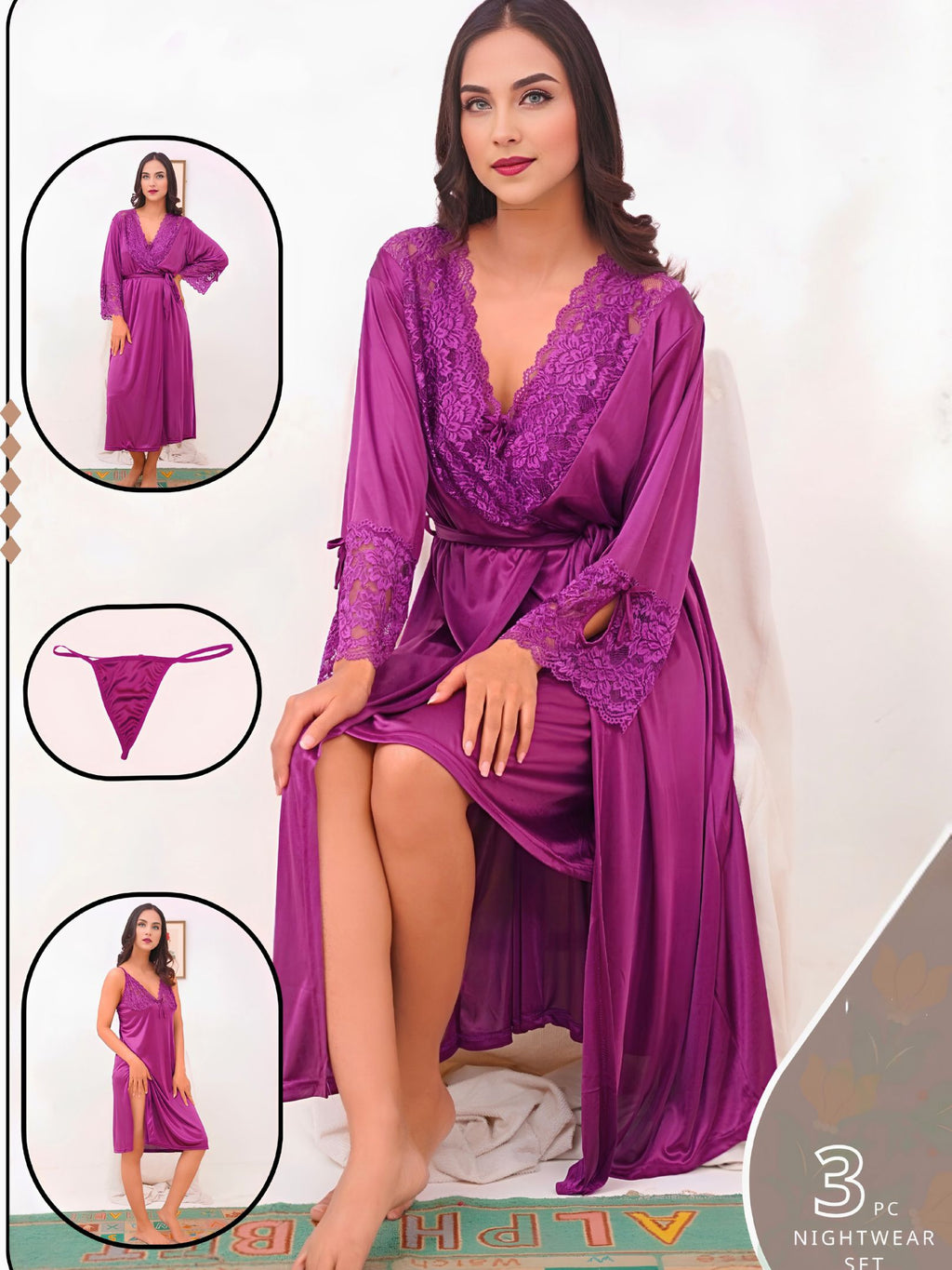 The SilkyNights Luxury 3-Piece Satin Robe & Slip Set