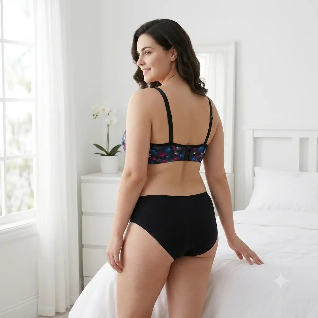 A woman stands on a white bed in a bright bedroom, wearing a two-piece lingerie set. The set features a black high-waisted brief and a matching bra with a dark floral pattern in blue, purple, and red tones.