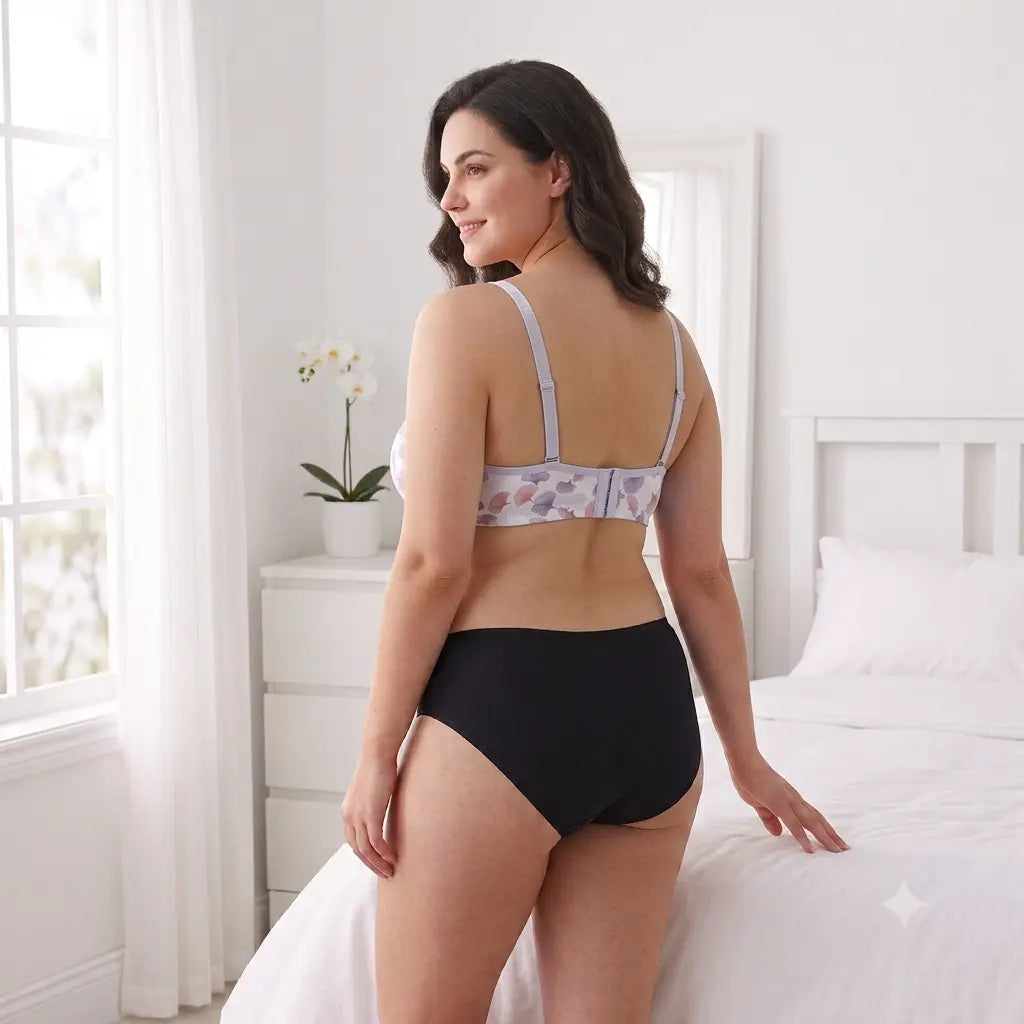 A woman stands in a bright bedroom wearing a two-piece lingerie set. The set includes a black high-waisted brief and a light lavender bralette with a pastel floral pattern, shown from a rear three-quarter angle.