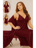 A woman models a burgundy sleepwear set consisting of a satin slip dress and a matching short-sleeve robe, with two circular inset images on the left showing the robe alone. The background is a solid light beige studio wall.