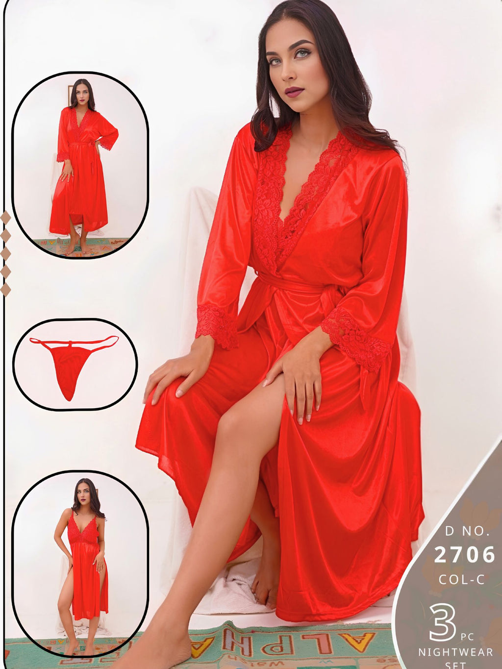 The SilkyNights Luxury 3-Piece Satin Robe & Slip Set