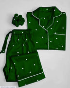Women’s Heart Print Satin Silk Night Suit with Scrunchie