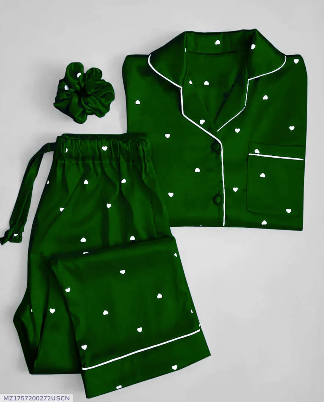 Women’s Heart Print Satin Silk Night Suit with Scrunchie