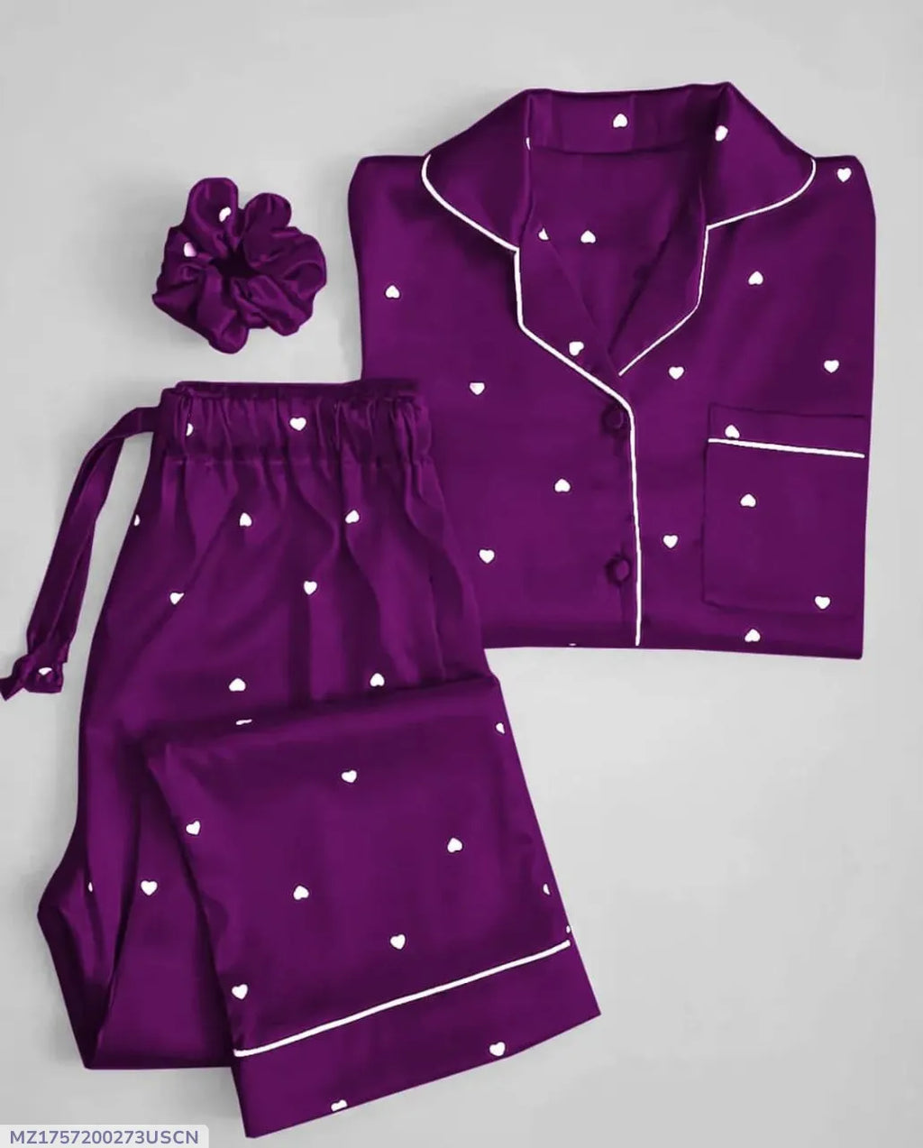 Women’s Heart Print Satin Silk Night Suit with Scrunchie