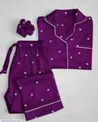 Women’s Heart Print Satin Silk Night Suit with Scrunchie
