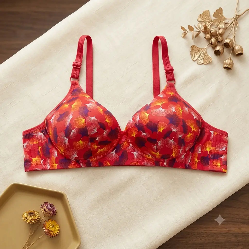 Red floral print underwire bra with adjustable shoulder straps, laid flat on a cream-colored fabric background with decorative dried flowers.