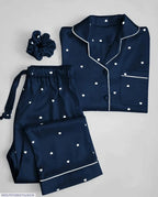 Women’s Heart Print Satin Silk Night Suit with Scrunchie
