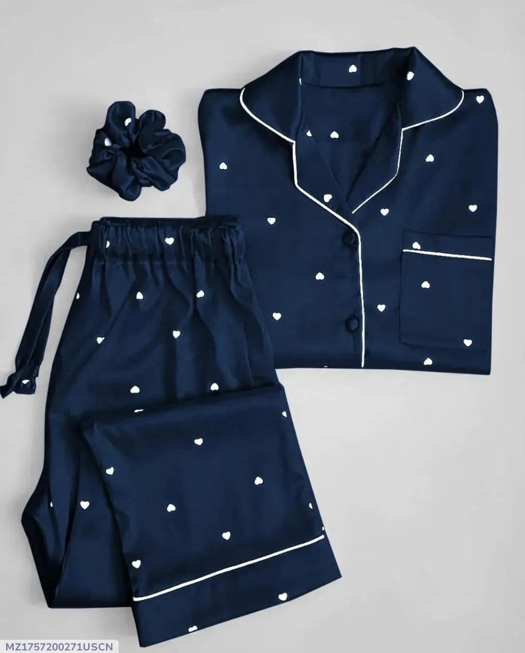 Women’s Heart Print Satin Silk Night Suit with Scrunchie
