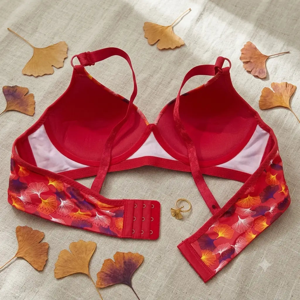 A red bra with floral-patterned underwire cups and a matching red underband, laid flat on a light beige fabric background with scattered dried ginkgo leaves and a small gold ring.