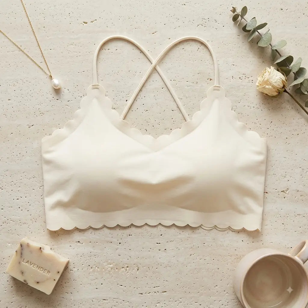 An off-white wireless bra with scalloped edges and double crisscross straps, styled in a flat lay on a textured beige surface with a rose, a cup, a bar of soap, and a necklace.