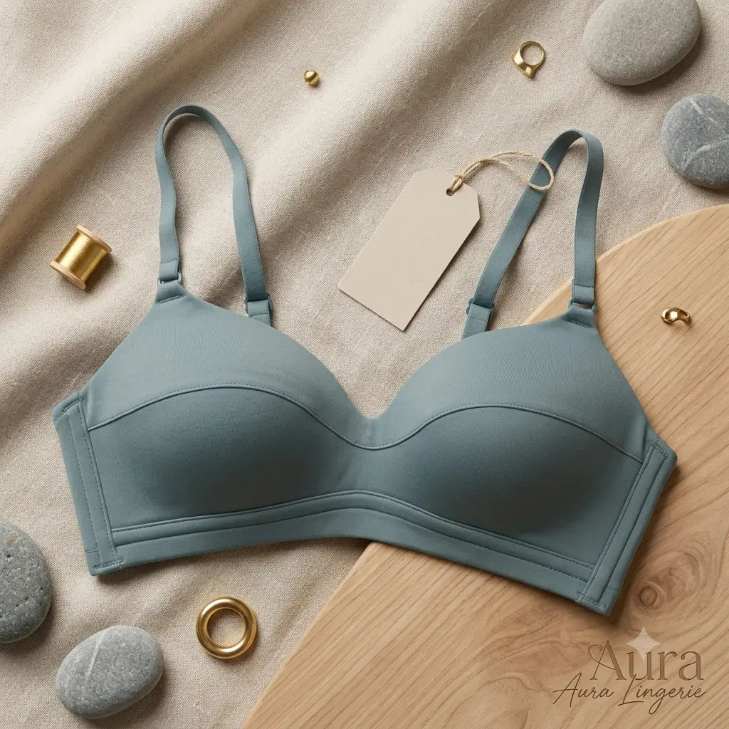 A dusty blue-green wireless bra with underwire and adjustable shoulder straps, styled in a flat-lay on beige fabric with a wooden board, gold rings, and gray stones. A blank brand tag is attached to the strap.