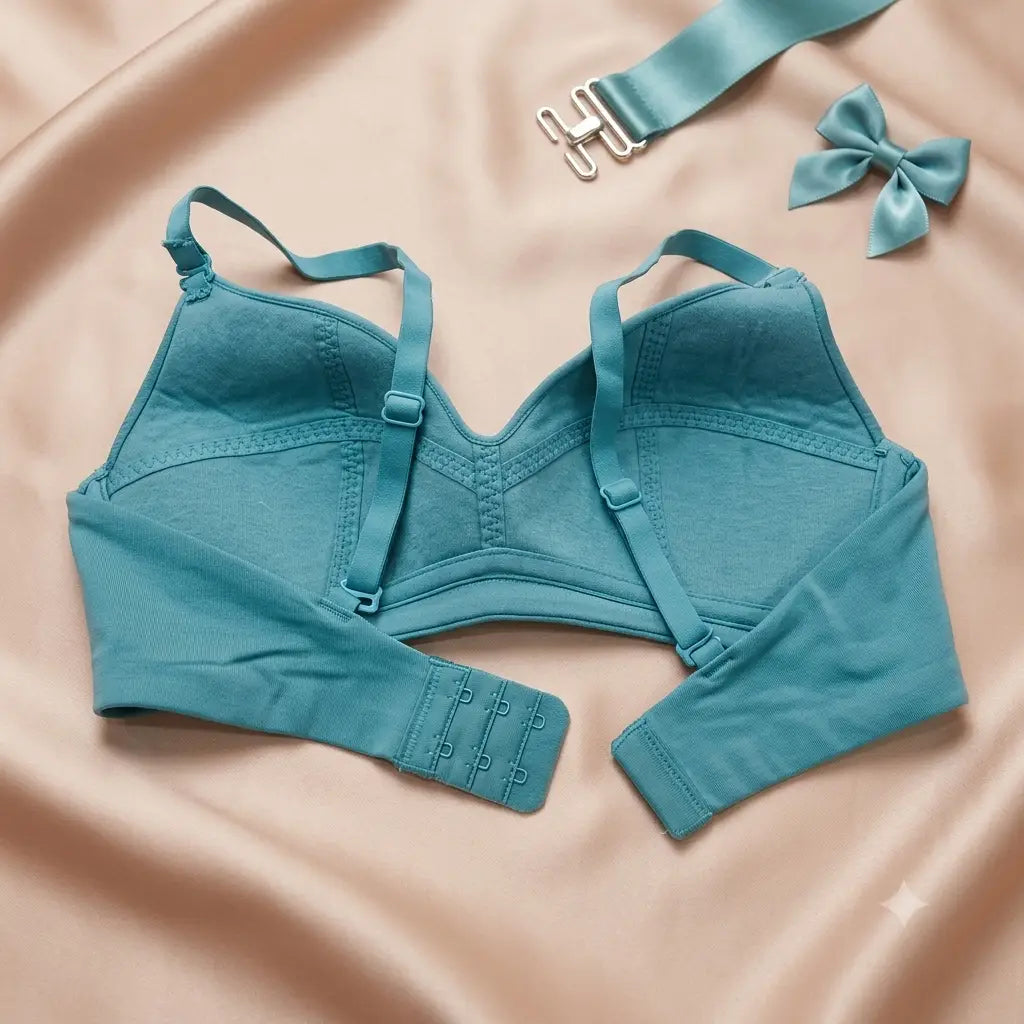 A teal long-sleeve underwire bra laid flat on a peach satin background, with matching teal strap and bow accessories placed nearby.
