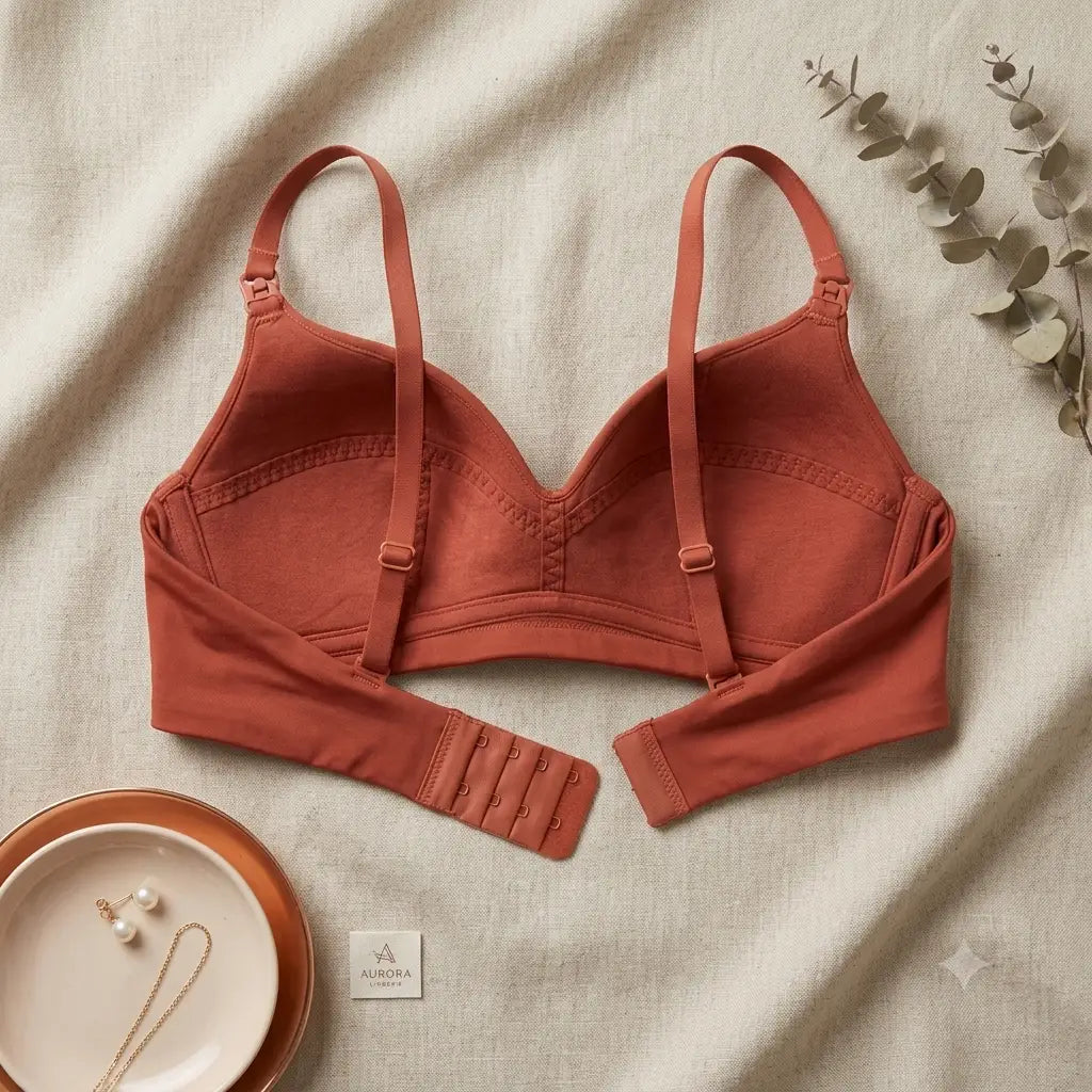 A terracotta-colored long-sleeve bralette with adjustable underwire cups and a matching band, laid flat on a textured beige fabric background with decorative props.