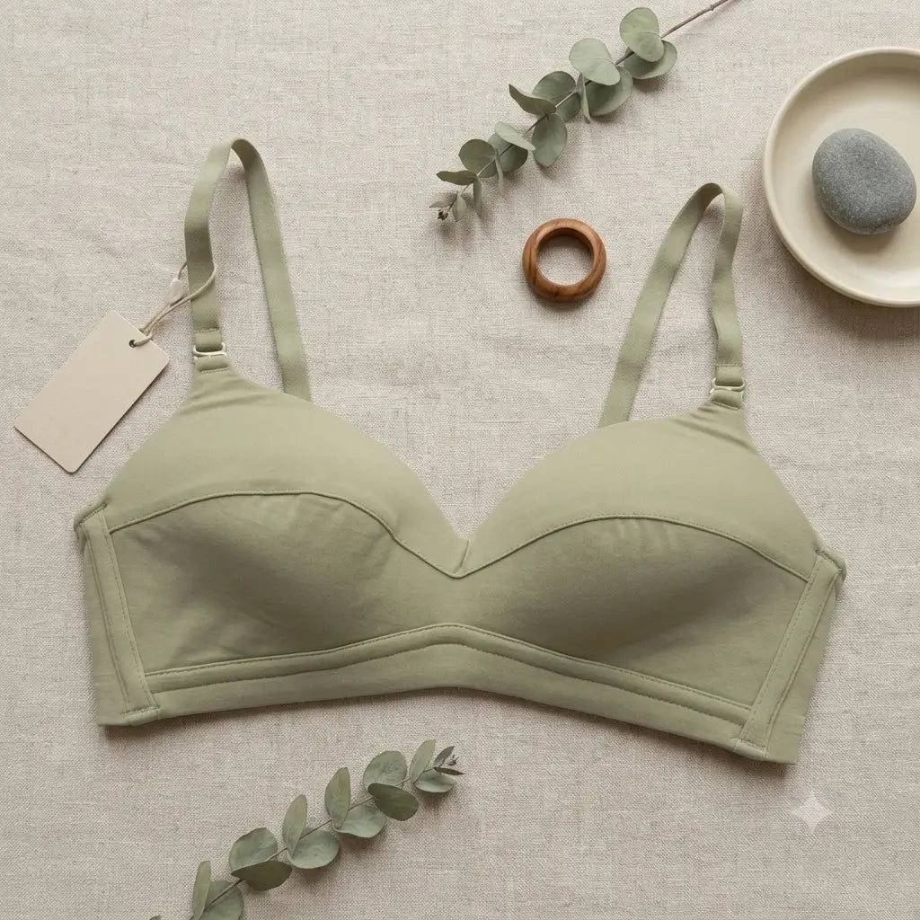 An olive green wireless bra laid flat on a textured beige linen background, styled with eucalyptus sprigs, a wooden ring, a small dish with a stone, and a blank paper tag.