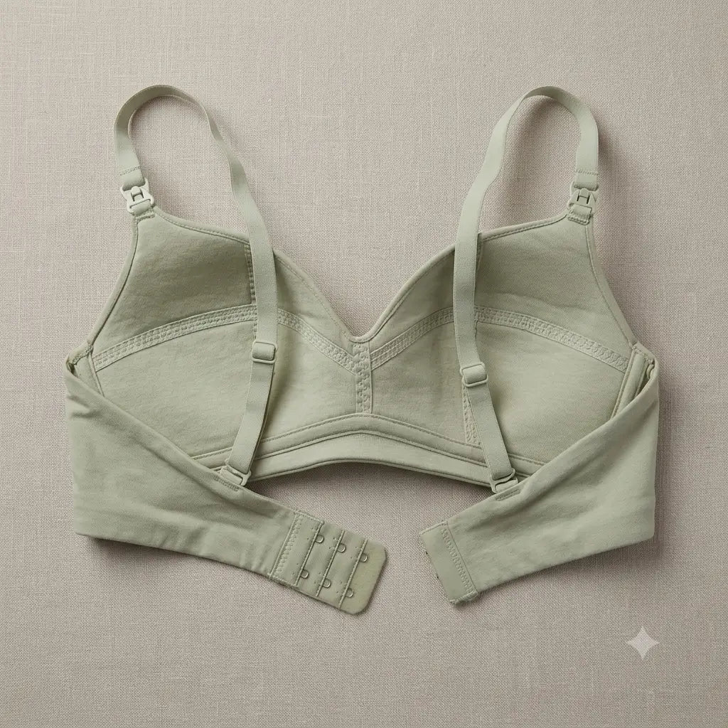 A sage green wireless bra with long sleeves and adjustable straps, laid flat on a textured beige fabric background.