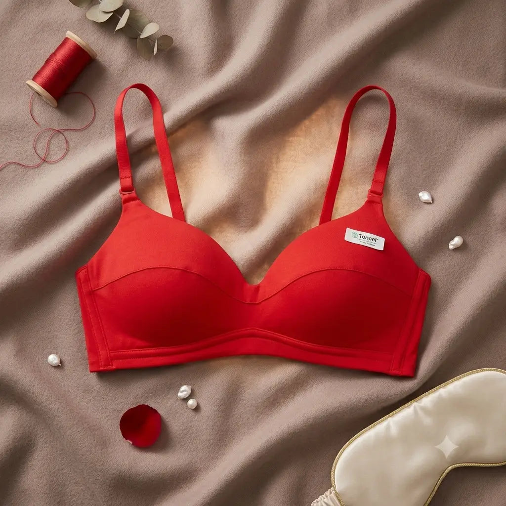 A bright red wireless bra laid flat on a beige fabric background, surrounded by styled props including a spool of red thread, small white pearls, a red rose petal, and a cream satin sleep mask.