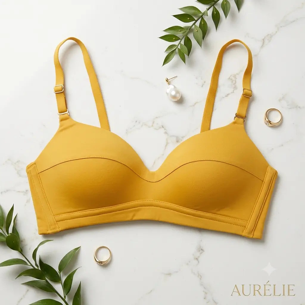 A mustard yellow wireless bra with adjustable straps, presented in a flat-lay arrangement on a white marble background with decorative green leaves, a pearl earring, and gold rings. 