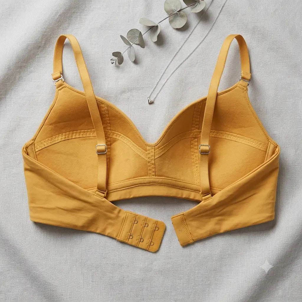 A mustard yellow wireless bra laid flat on a light gray fabric background, with decorative dried leaves and a silver necklace placed around it. The bra has adjustable straps and a triple-hook closure on the underband.