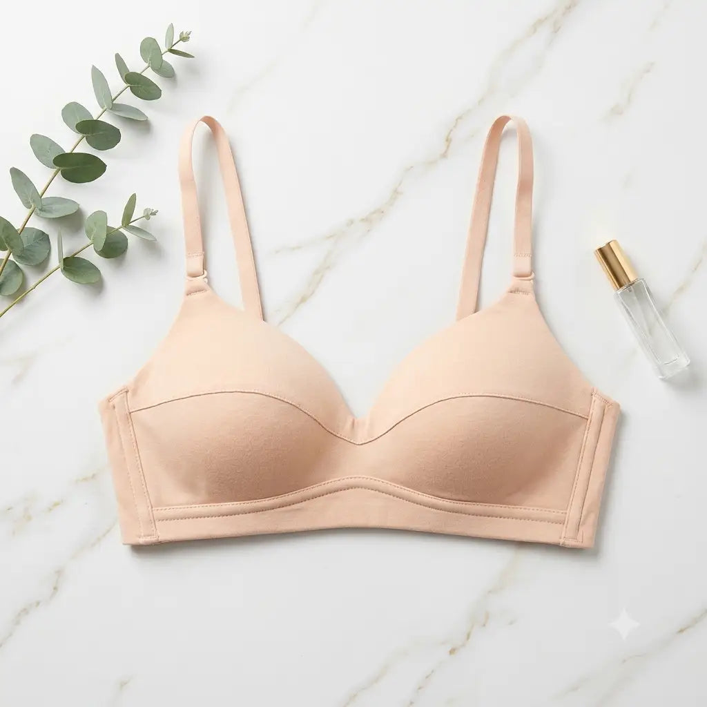 A light peach-beige wireless bra laid flat on a white marble surface, styled with a sprig of eucalyptus leaves on the left and a small clear perfume bottle with a gold cap on the right.