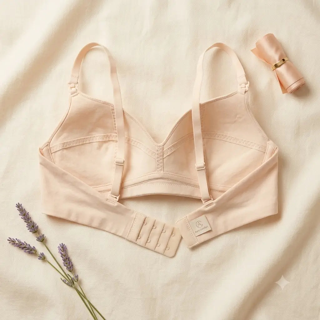 A light beige seamless bra laid flat on a cream-colored fabric background, styled with lavender sprigs and a matching rolled fabric accessory.