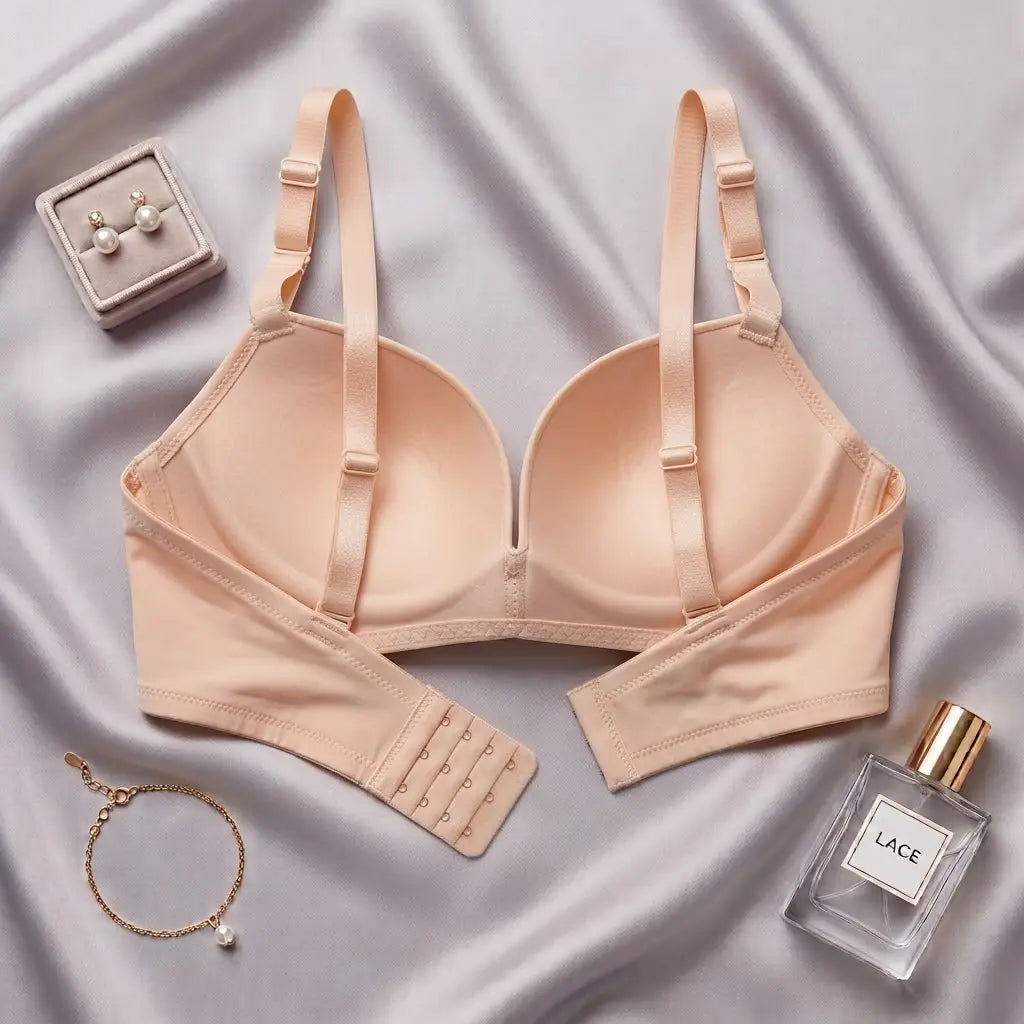 A light peach-beige wireless underwire bra with adjustable straps and a rear hook-and-eye closure, presented in a flat-lay arrangement on a draped satin fabric background alongside jewelry and a perfume bottle.