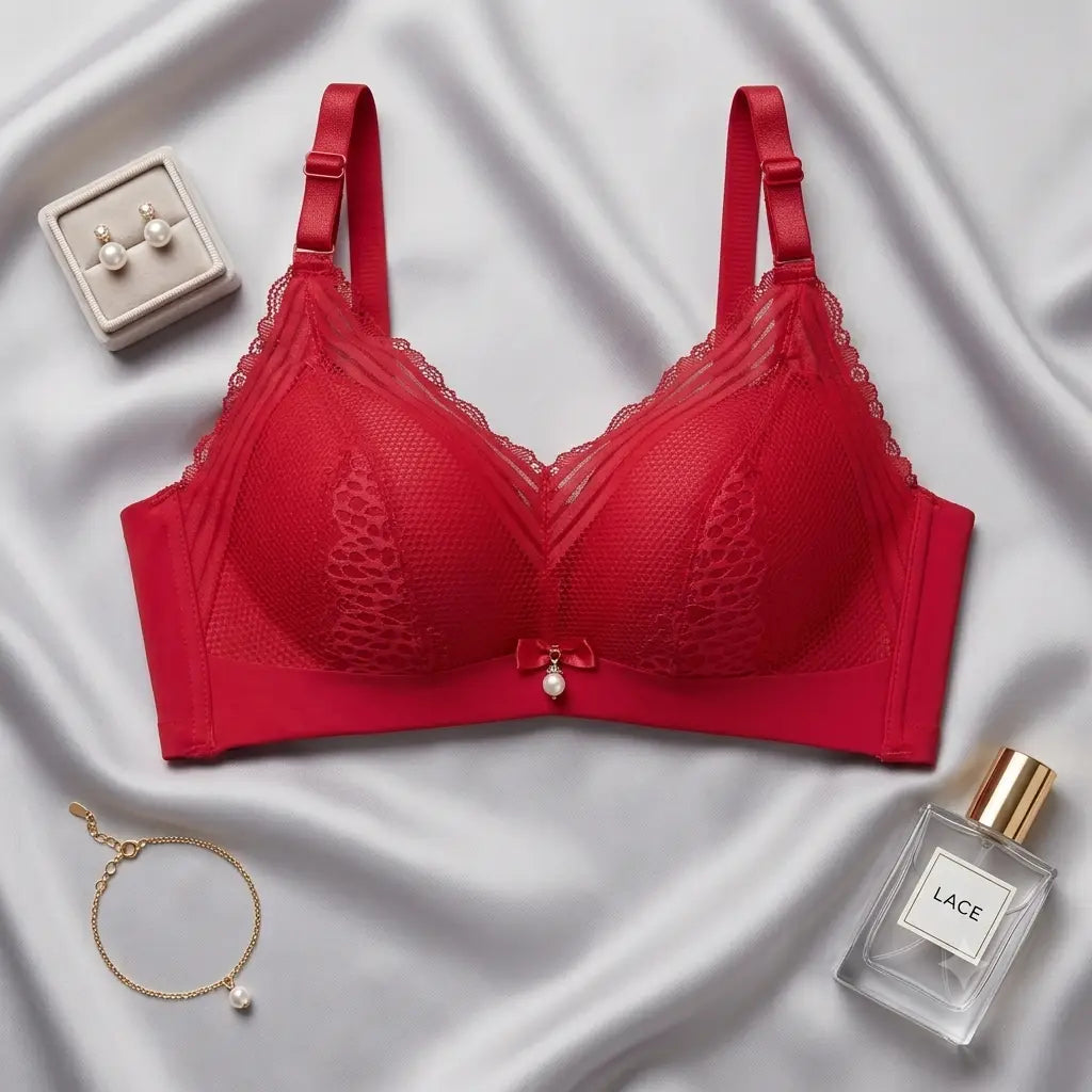 Red lace underwire bra laid flat on a silver satin fabric background, styled with a small jewelry box, pearl bracelet, and a perfume bottle labeled LACE.