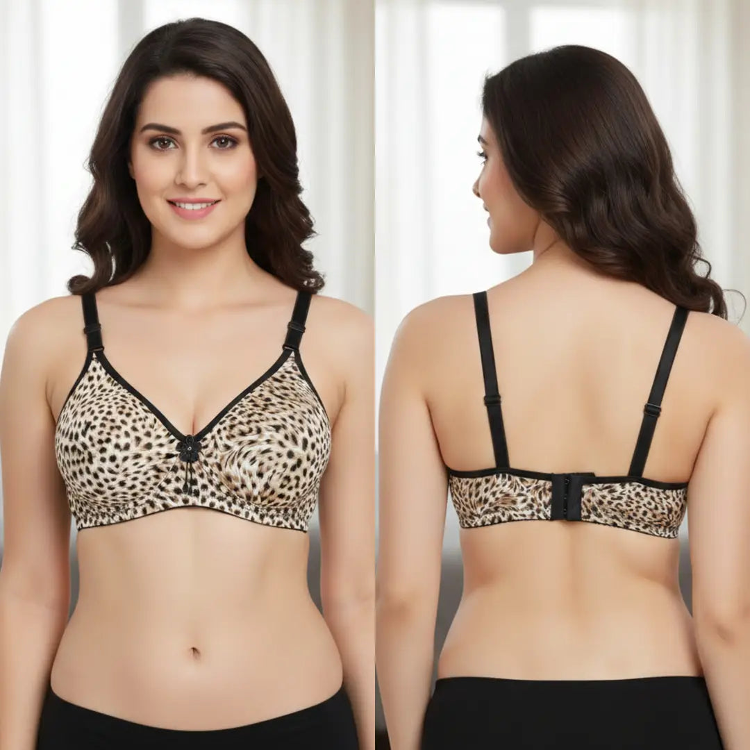 A woman modeling a leopard-print underwire bra in a front and back view. The bra features a beige and black leopard pattern with solid black straps and trim.