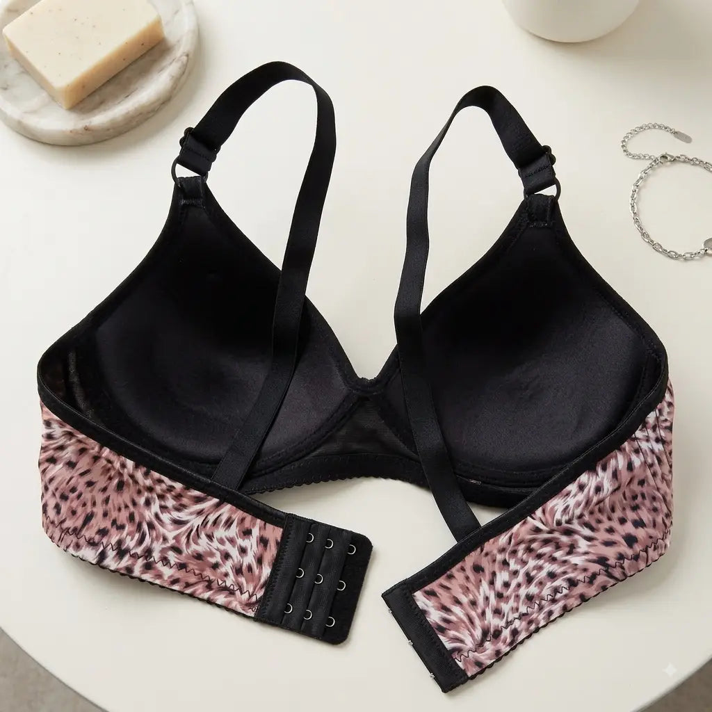 Black underwire bra with pink leopard-print trim, displayed flat on a light cream surface with a bar of soap and a silver chain in the background.