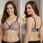 A woman modeling a leopard-print bra in two views: a front view on the left and a back view on the right. The bra features a pink, brown, and black leopard pattern with solid black straps and trim.