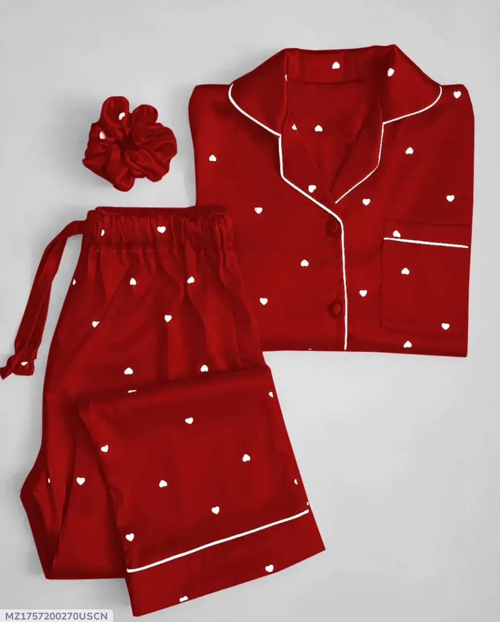 Women’s Heart Print Satin Silk Night Suit with Scrunchie