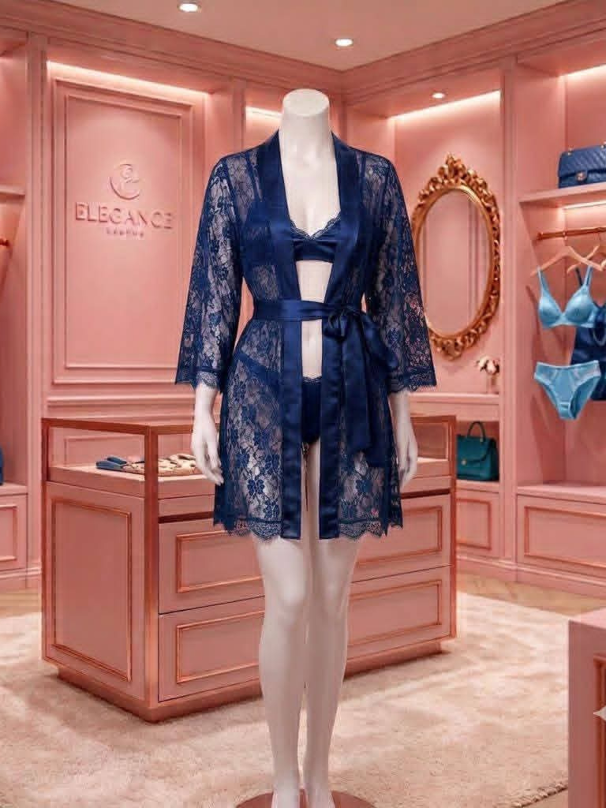 A mannequin in a pink lingerie boutique displays a navy blue lace robe over matching lace briefs. The background features pink wood paneling, a gold-framed mirror, and other lingerie items on display.