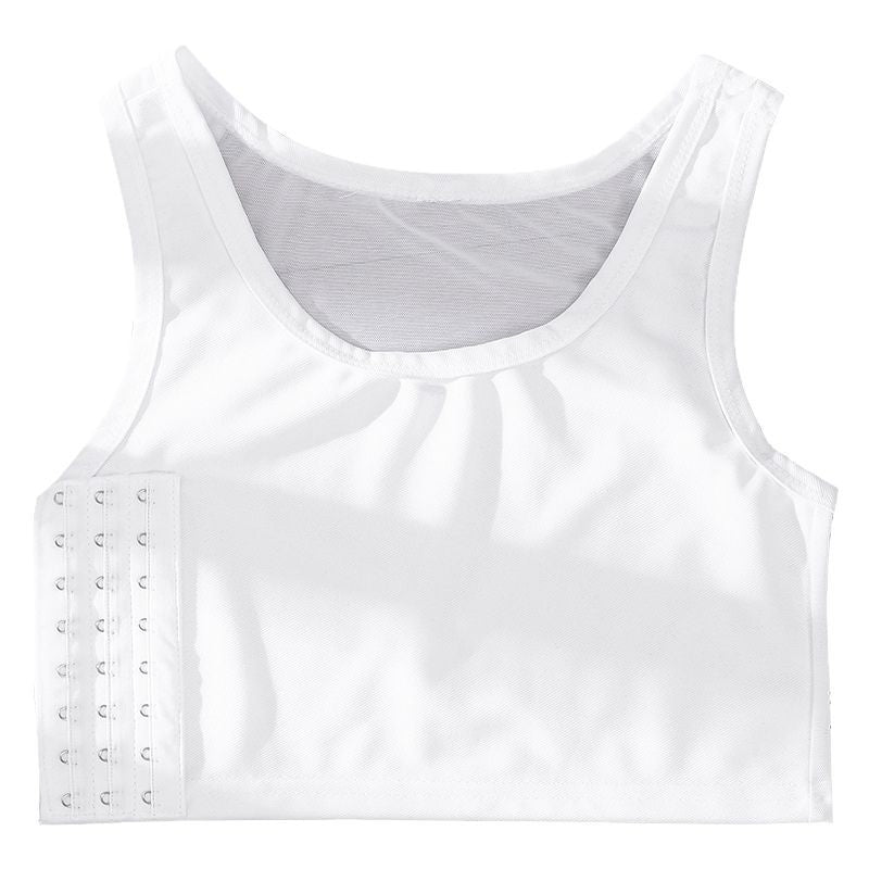 White sleeveless tank top with a scoop neckline and a lace-up front closure panel on the left side, shown against a plain white background.
