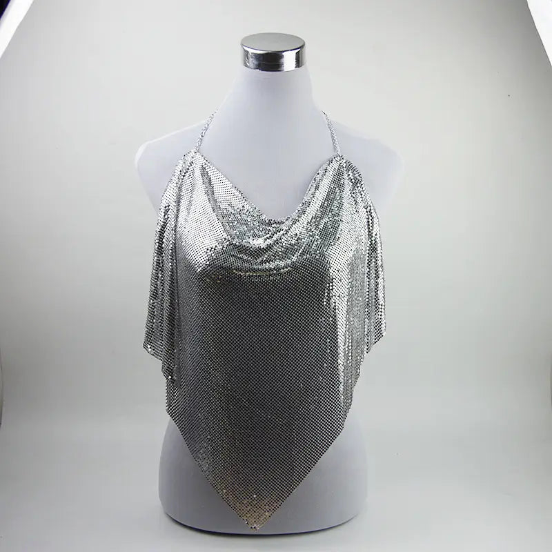 A silver mesh cowl-neck camisole top with wide draped sleeves, displayed on a white mannequin torso against a light gray studio background.