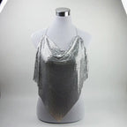 A silver mesh cowl-neck camisole top with wide draped sleeves, displayed on a white mannequin torso against a light gray studio background.