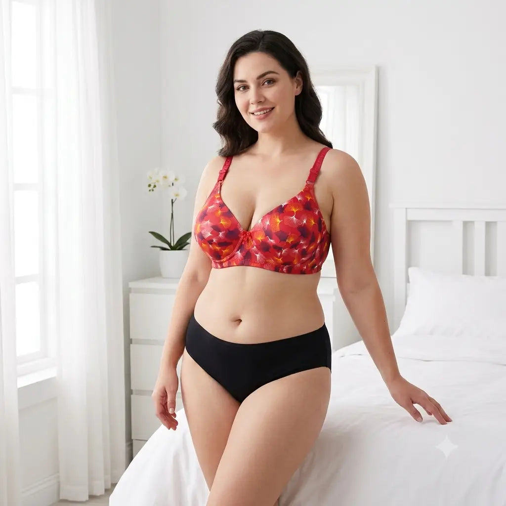 A woman modeling a two-piece lingerie set in a bright bedroom. The set includes a red and orange abstract patterned bra and solid black high-waisted briefs.