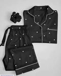 Women’s Heart Print Satin Silk Night Suit with Scrunchie