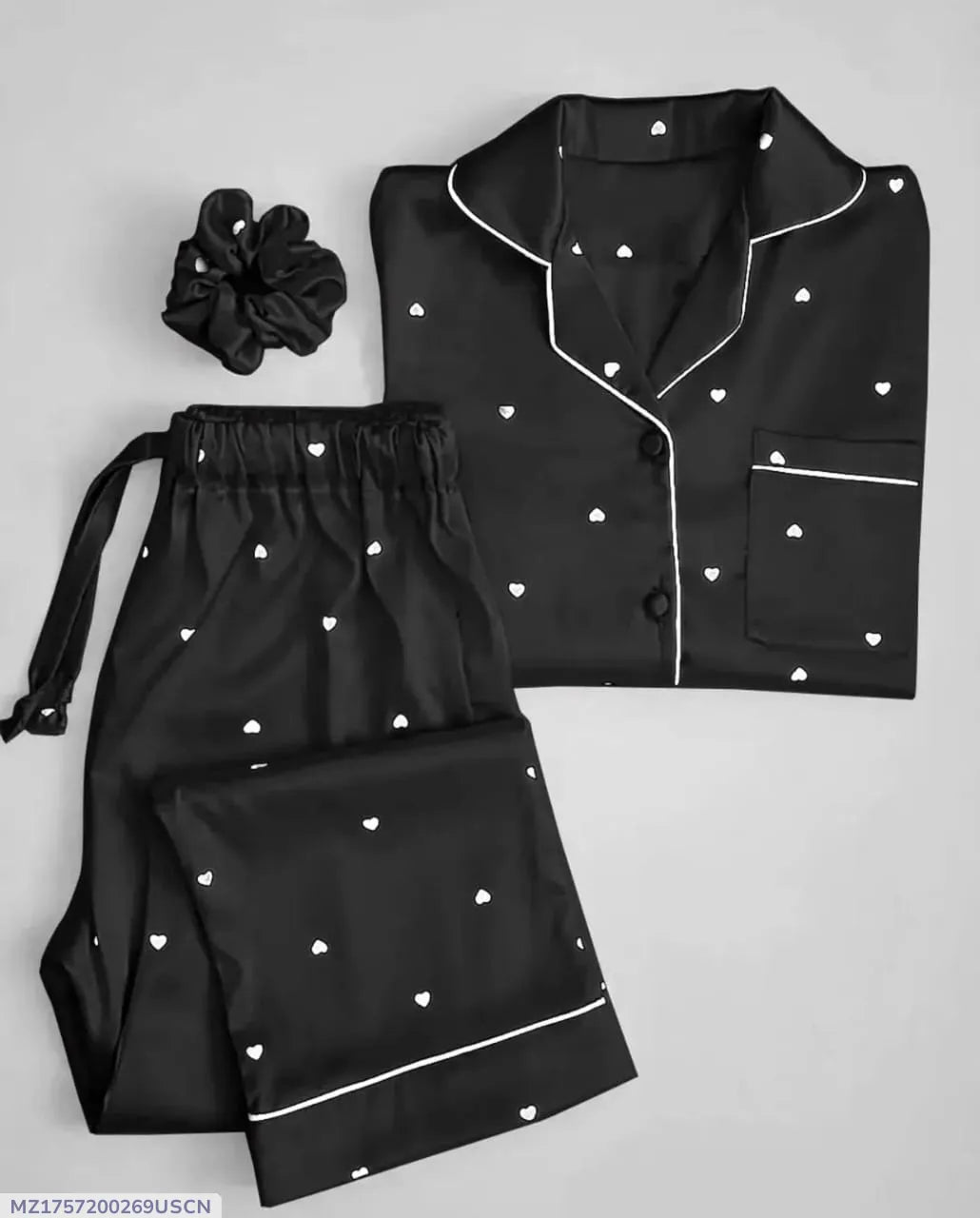 Women’s Heart Print Satin Silk Night Suit with Scrunchie