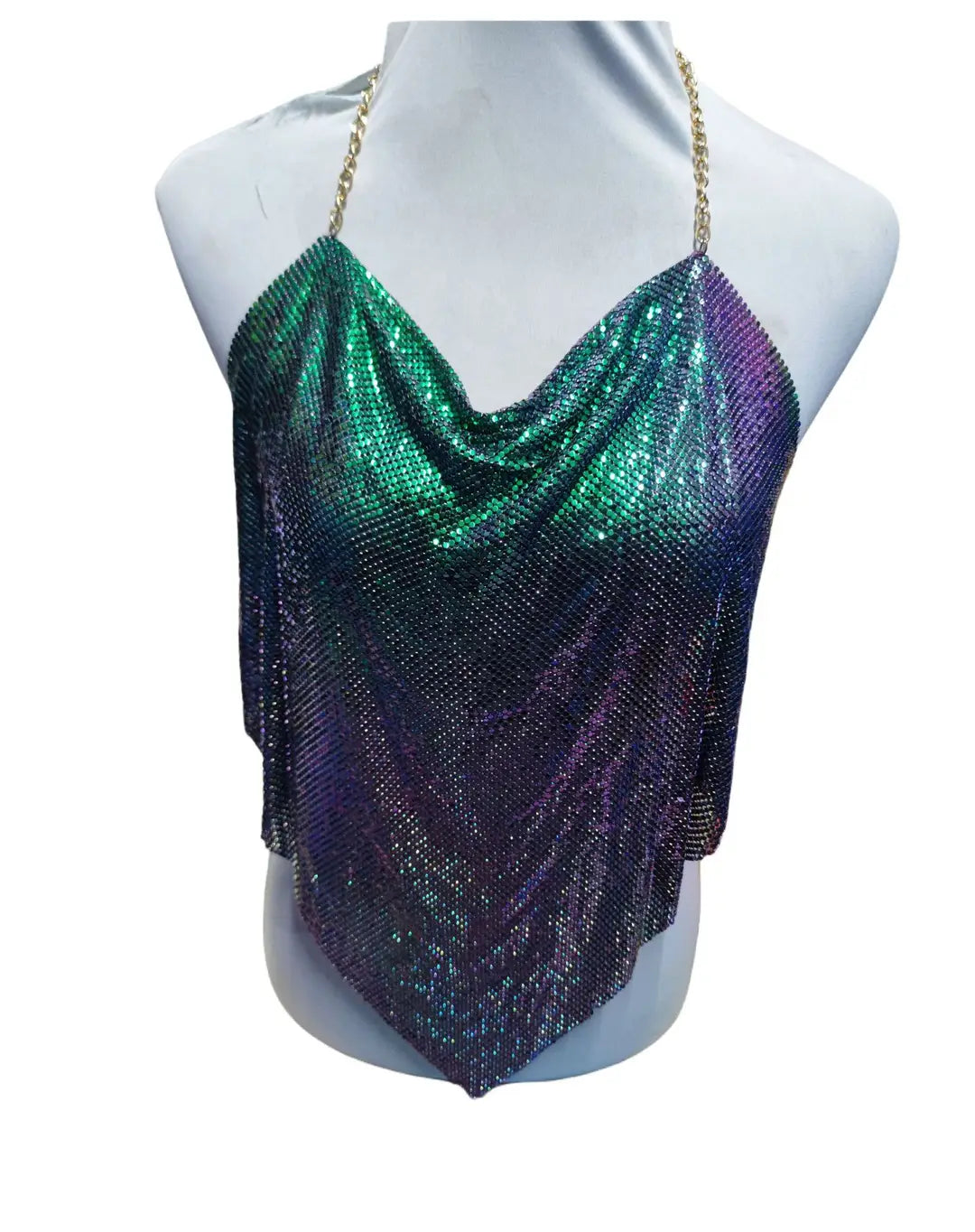 A shimmering iridescent halter top with gold-tone chain straps, displayed on a white mannequin torso against a plain white background.