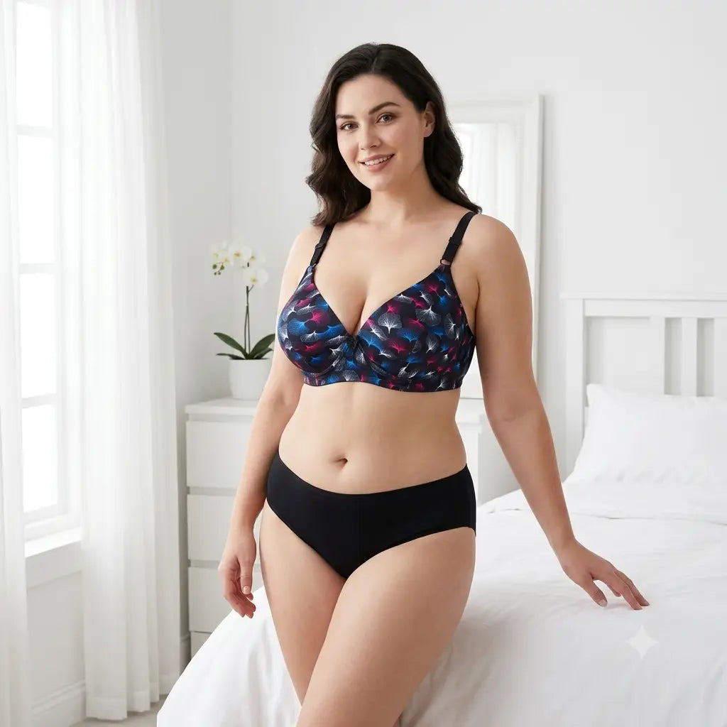 A woman models a two-piece lingerie set in a bright bedroom. The set features a floral-patterned bra with blue, purple, and red tones, and solid black high-waisted briefs.