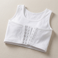 A white ribbed tank top with a built-in underwire bra cup and front hook-and-eye closure, laid flat on a textured beige background.