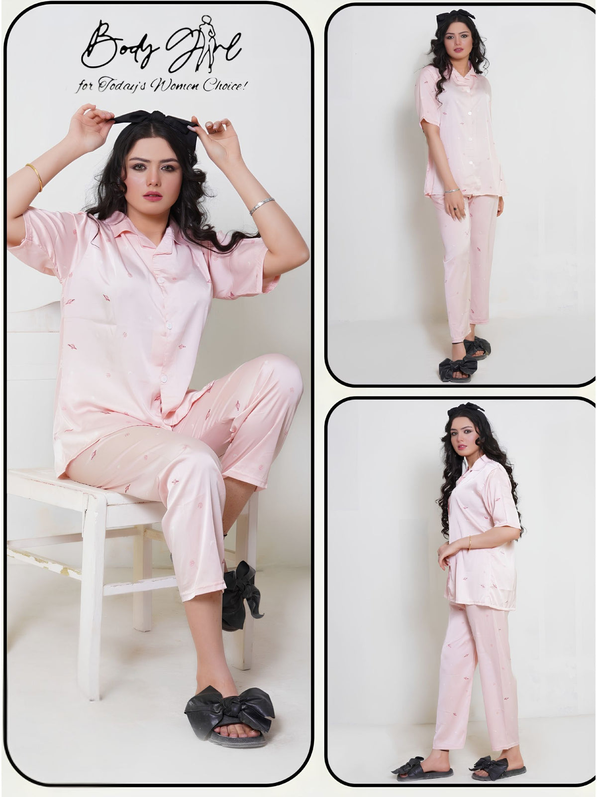 Malmal Blush Lips Silk Button-Down Pajama Set
