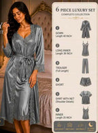 A woman wearing a light gray satin 6-piece luxury sleepwear set in a bedroom, next to a product information panel detailing the components of the set.
