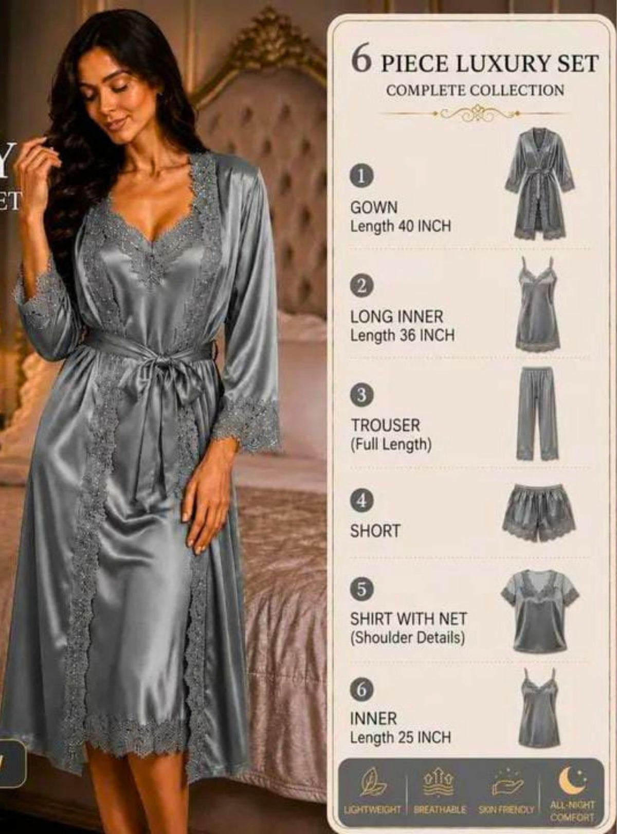 A woman wearing a light gray satin 6-piece luxury sleepwear set in a bedroom, next to a product information panel detailing the components of the set.