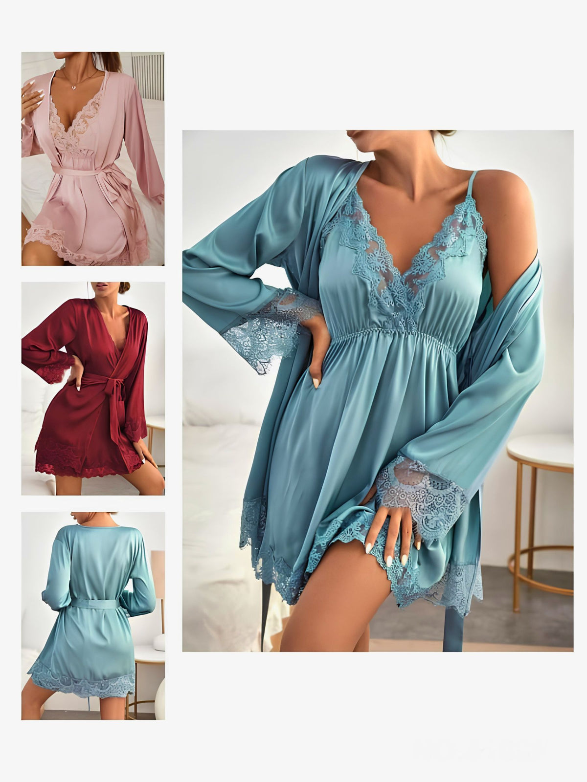 Dreamscape 3-Piece Satin Robe & Babydoll Set