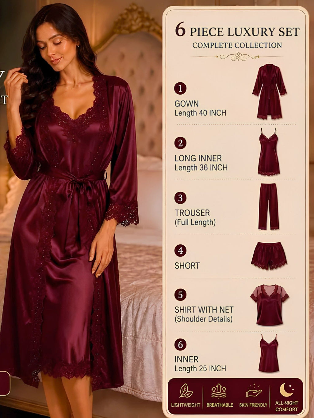 A woman wearing a burgundy satin sleepwear set in a bedroom, next to an informational graphic detailing the 6-piece luxury set components.