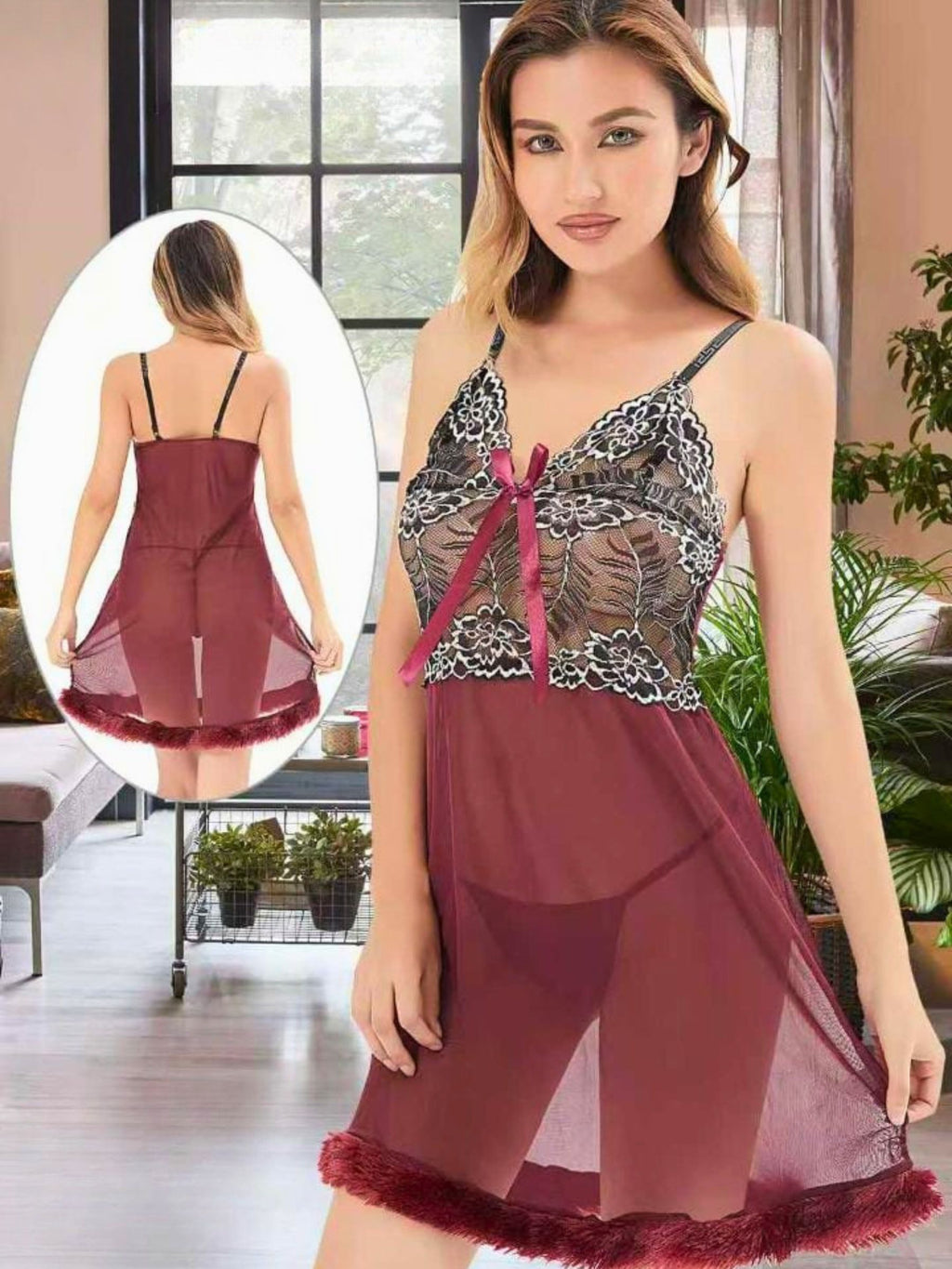 Venetian Lace Fur-Trim Babydoll